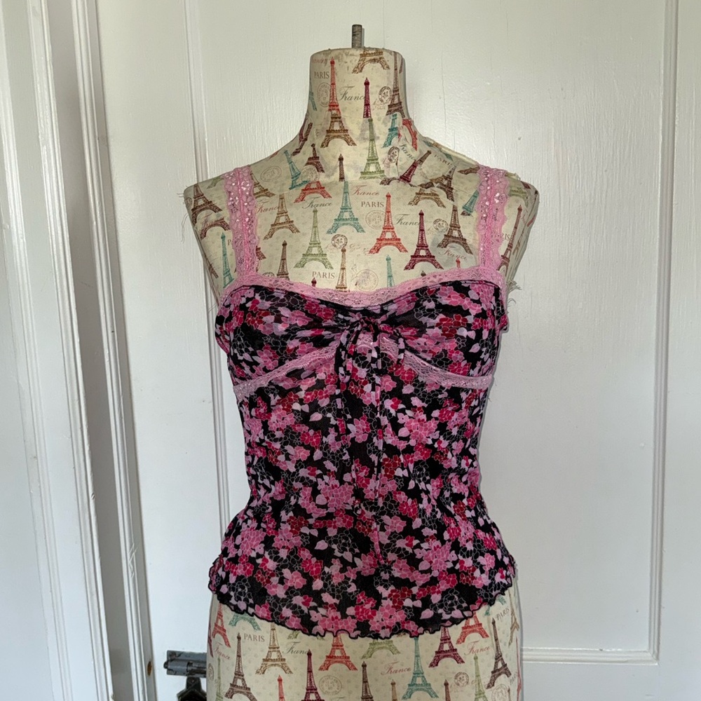 Victorias Secret Y2K Pink and Black Floral Lace Top